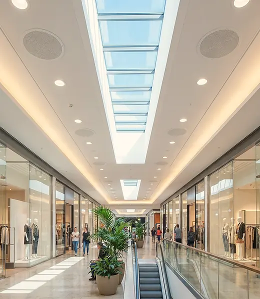 Caixas de som embutidas e niveladas no forro do mall de um shopping