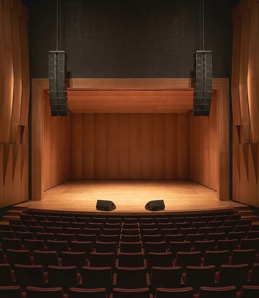 Auditório com line array de som suspenso ao lado do palco e monitores de retorno no piso
